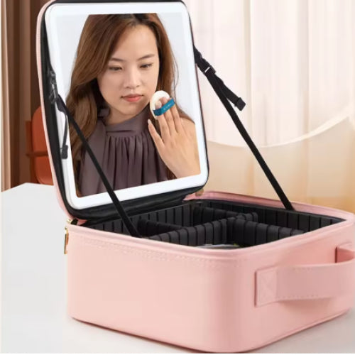 ESTUCHE DE COSMÉTICOS CON ESPEJO LED RECARGABLE ROSADO